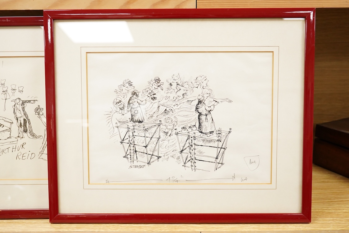 Martin Honeysett (1943-2015), Arthur Reid (20th. C), Mel Calman (1931-1994), three cartoons to include ‘Times Election Issue, ‘79, each signed, two inks and a pencil study, largest 19 x 27cm